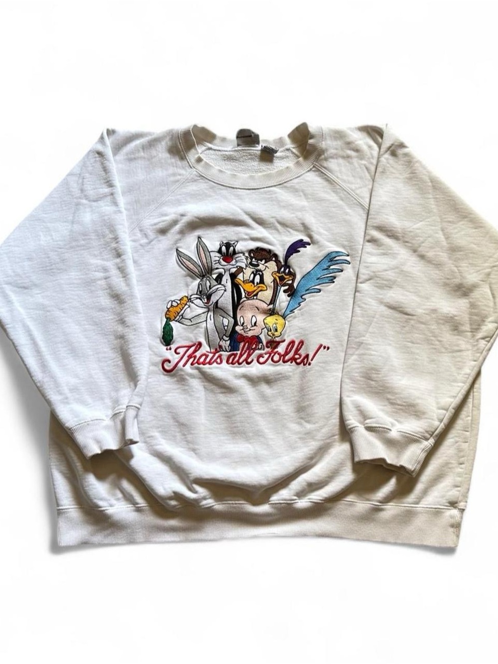 Vintage 90s Looney Tunes White Graphic Crewneck Sweater Classic Cartoon Pullover